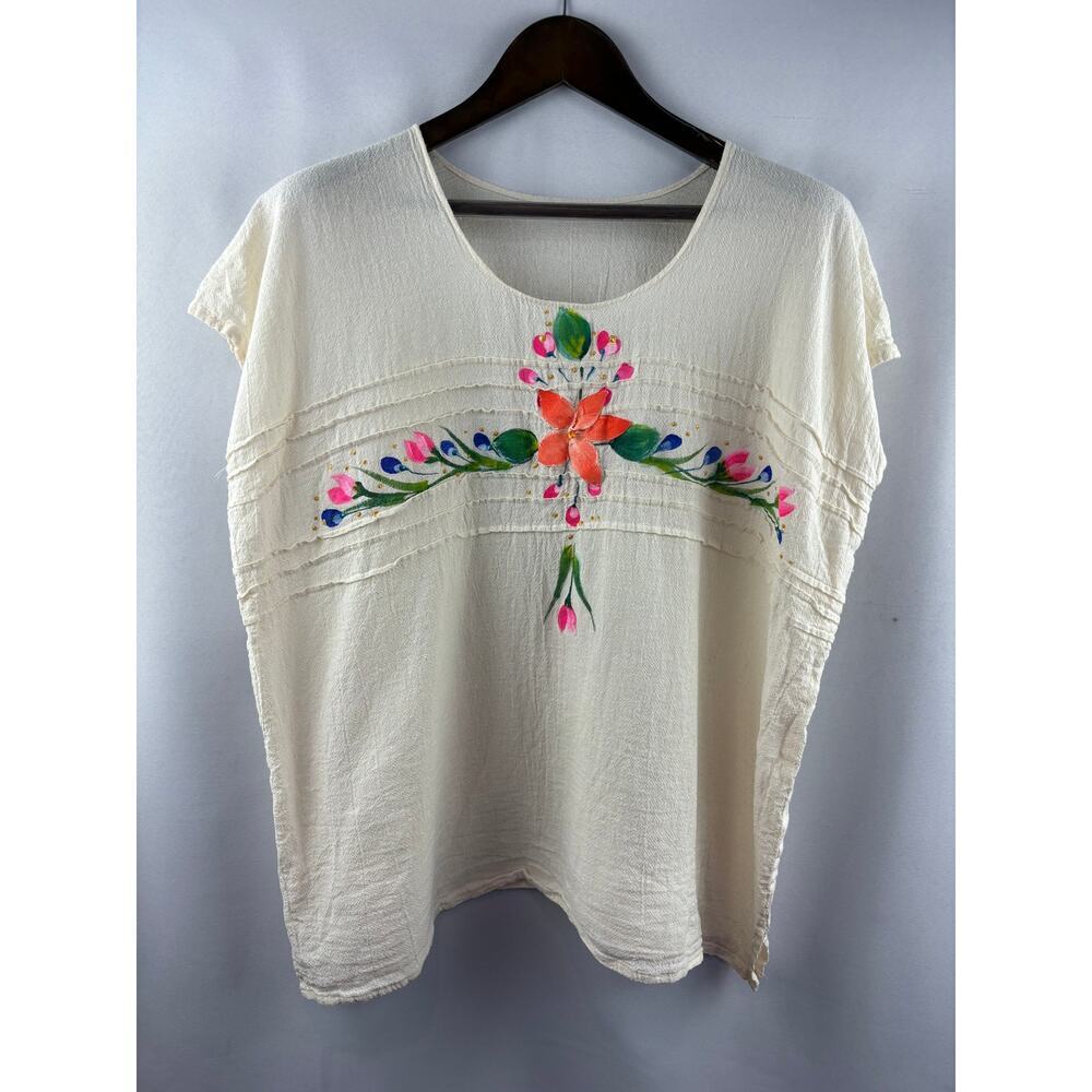 Women’s Handmade XL Cream Floral Embroidered Blouse